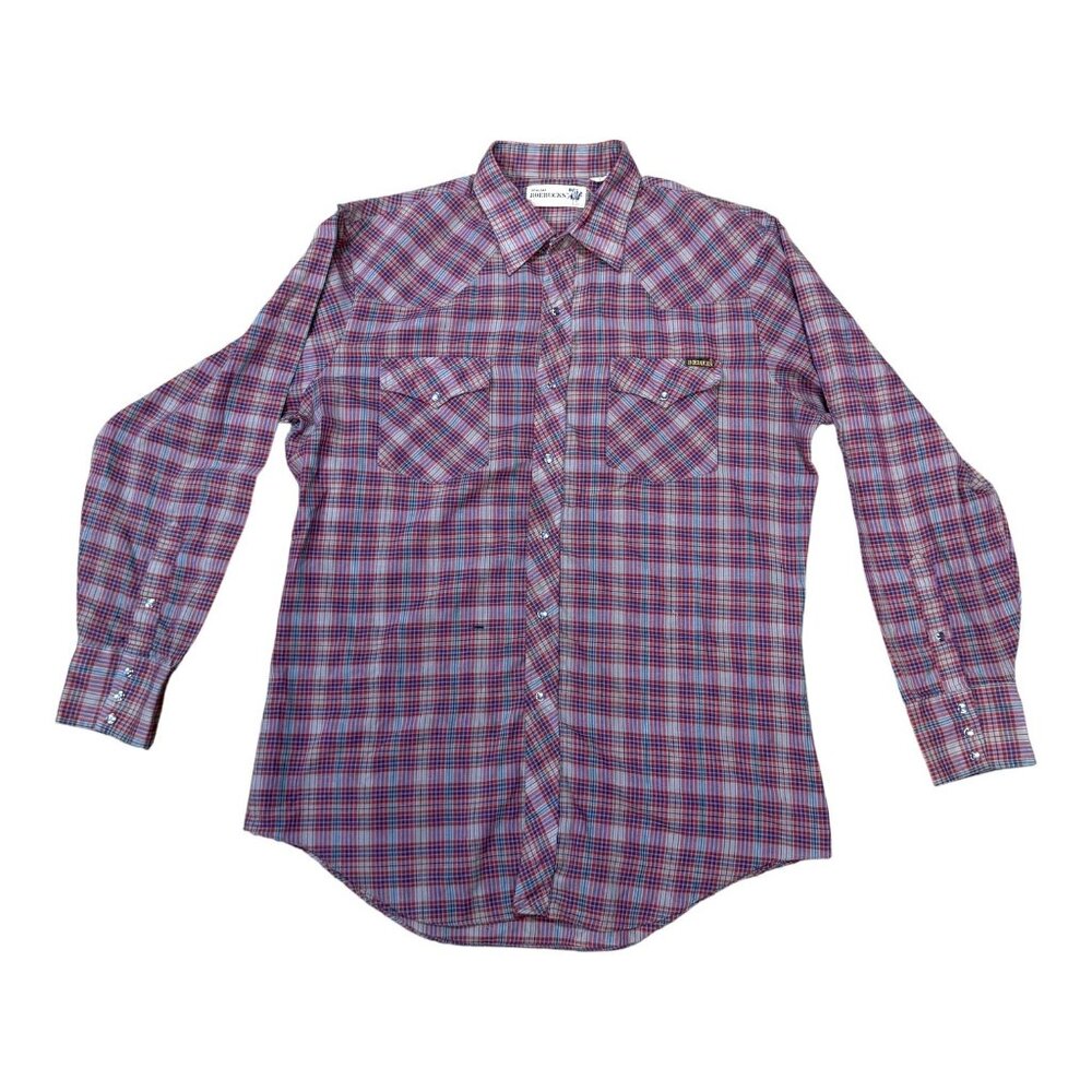 Vintage Roebucks Long Sleeve Plaid Grunge Work Pearl Snap Shirt Blue Red Large